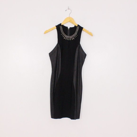 *Guess Women's Black Gray Jewel Neck Bodycon Mini Little Black Dress - Picture 6 of 9
